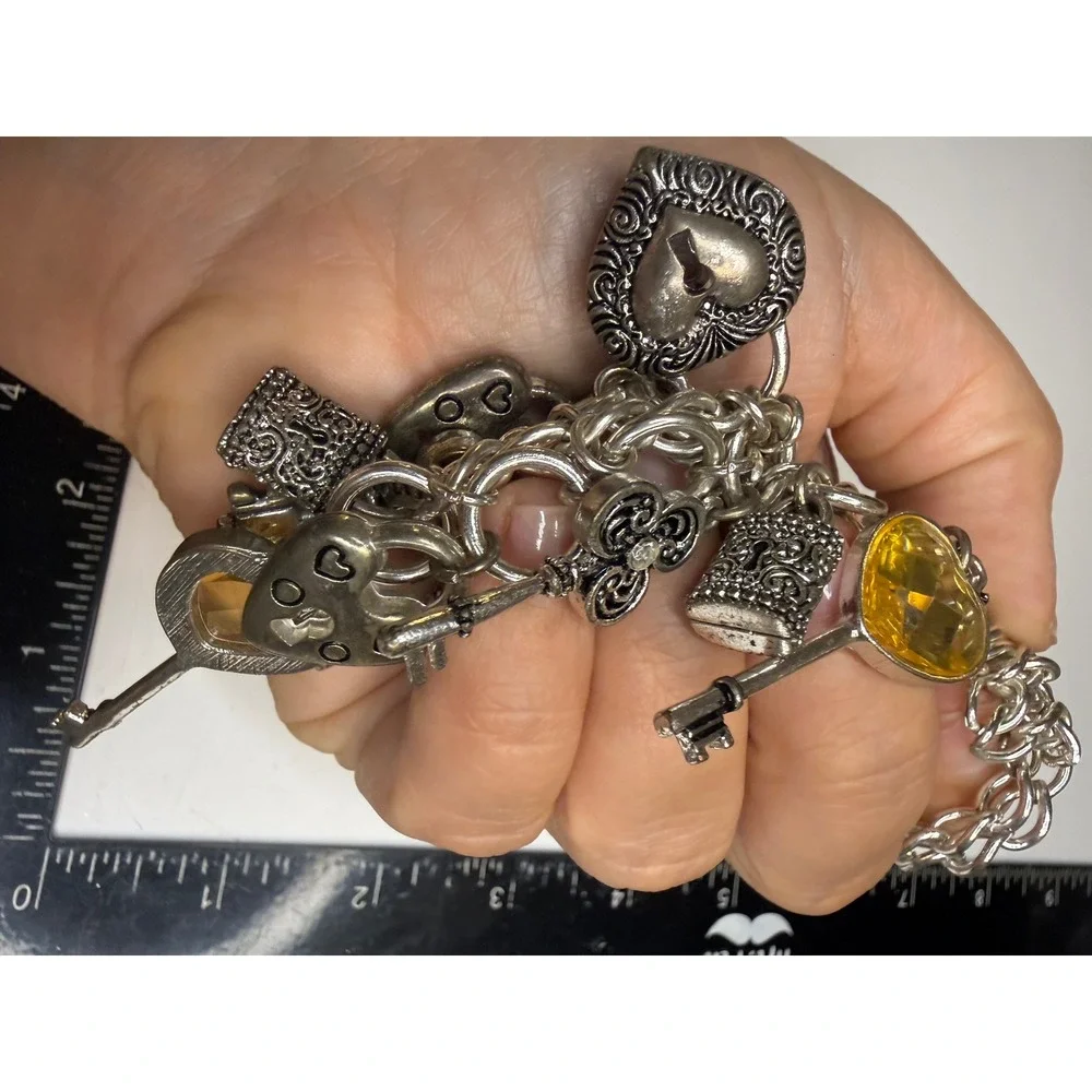 Silver Tone Heart Lock and Key Charm Necklace Yellow Faceted Stones Statement